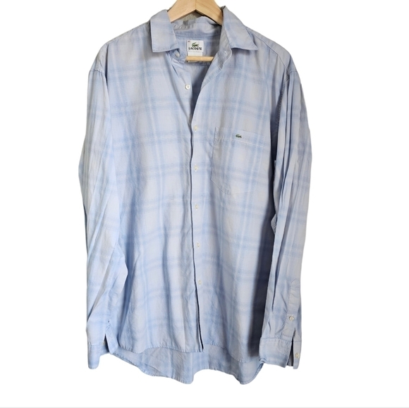 LACOSTE dress shirt authentic blue white plaid ling sleeve button down US xxl - Picture 1 of 8
